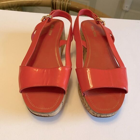 Miu Miu Coral Patent Leather Cork Platform Sandals EU 37.5 Slingback Peep Toe - Picture 7 of 11